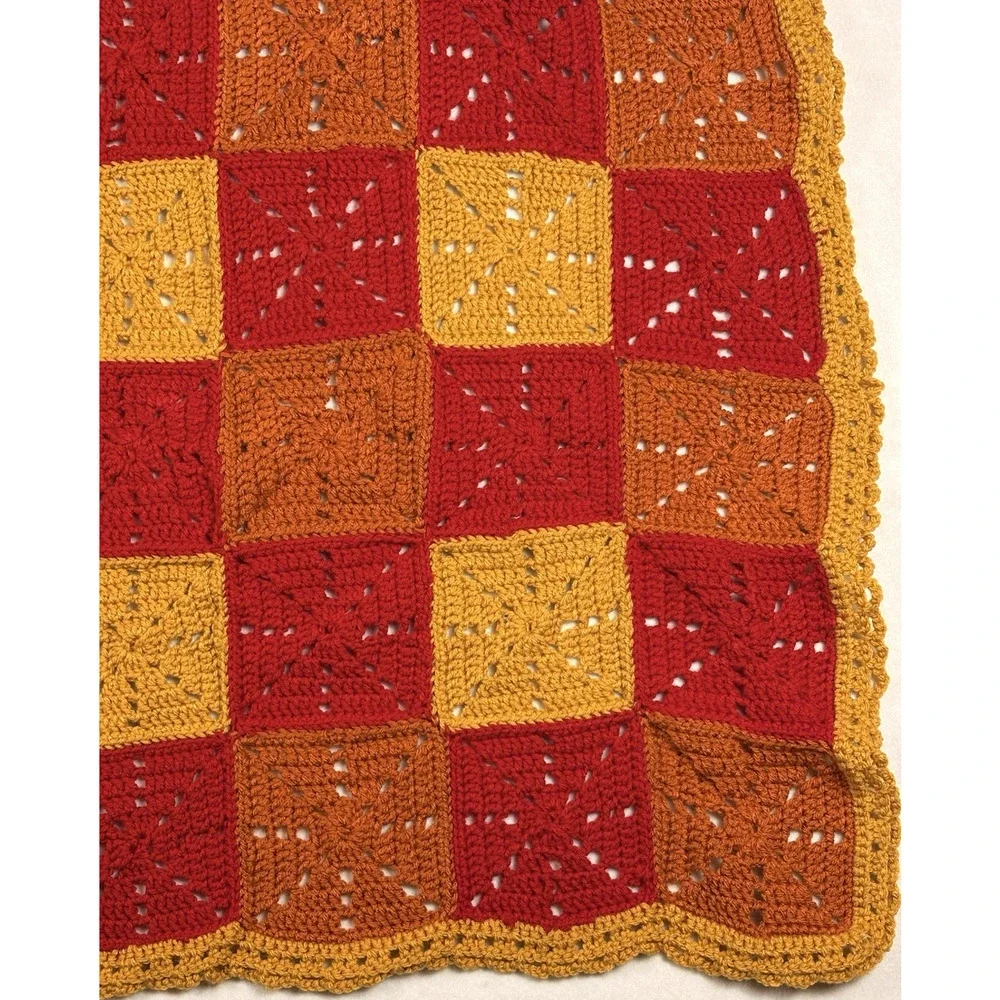 Handmade Crochet Granny Square Patchwork Baby Blanket Retro Red Brown 35